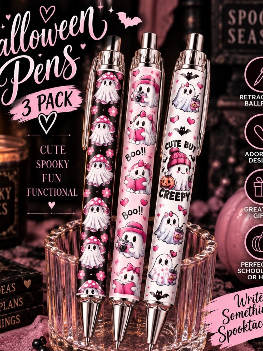 Halloween Ghost Pens 3-Pack - Pink Themed Cute Ghost Ballpoint Pens